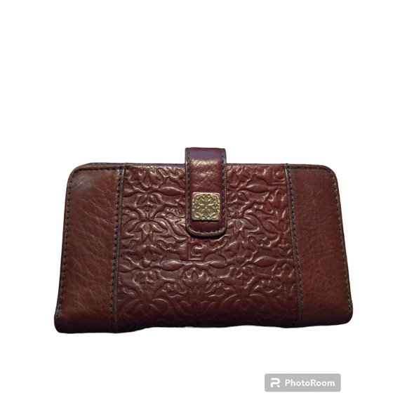 LC Liz Claiborne Leather Co Wallet Tooled Brown Soft Monogram Initial Gold Snap - Picture 1 of 7